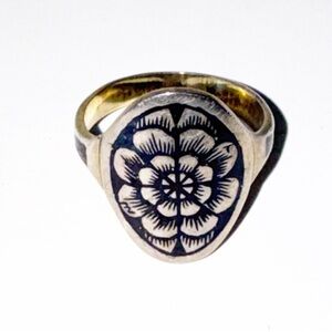 Russia Soviet Era Vintage 1950-60s 875 Silver Niello Ring Black Floral Sz 7